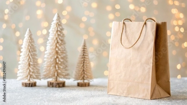 Obraz Christmas and Holiday gift bag in minimal theme. Festive scene with a paper bag and decorative Christmas trees against a bokeh background.