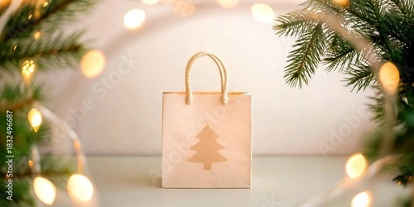 Obraz Christmas and Holiday gift bag in minimal theme. A festive gift bag surrounded by Christmas lights and greenery.
