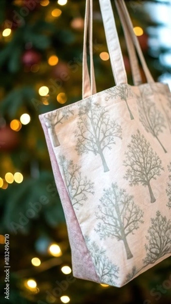 Obraz Christmas and Holiday gift bag in minimal theme. Stylish tote bag with tree patterns, set against a festive, blurred background of lights.