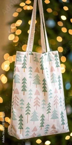 Obraz Christmas and Holiday gift bag in minimal theme. Festive tote bag featuring trees, illuminated by soft bokeh lights in the background.