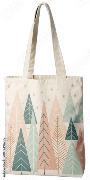 Obraz Christmas and Holiday gift bag in minimal theme. Tote bag featuring colorful tree designs in a modern style.