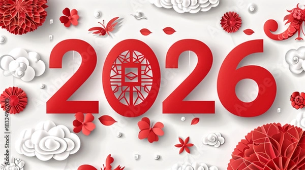 Fototapeta 2026 paper-cut numbers in red, classic Chinese paper-cut gift bo