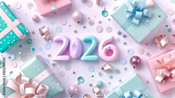 Fototapeta 2026 in pastel bubble-style typography, surrounded by cute kawai