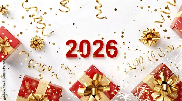 Fototapeta 2026 red and gold numbers, traditional festive gift boxes with g