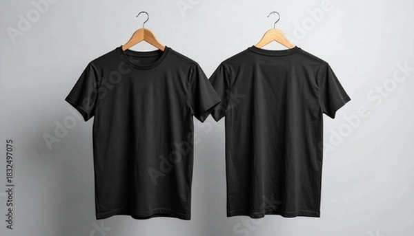Fototapeta Stylish black T-shirt mockup for your brand, showcasing front and back designs with wooden hanger against a clean background, perfect for ecommerce