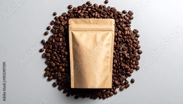 Fototapeta Craft coffee branding mockup with blank kraft paper bag surrounded by aromatic roasted beans, perfect for showcasing your unique blend and packaging design