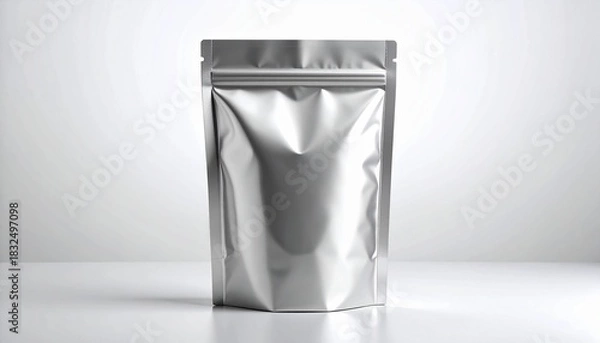 Fototapeta Sleek silver stand up pouch mockup for product packaging needs, perfect for showcasing your brand in a clean, professional presentation and marketing projects