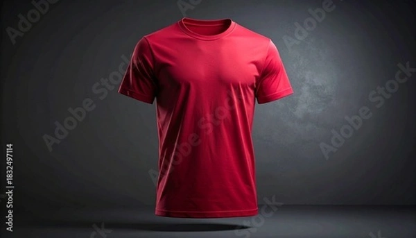 Fototapeta Vibrant red t-shirt floating in a studio setting, perfect for apparel mockups, fashion designs, and branding projects needing a pop of color and modern style