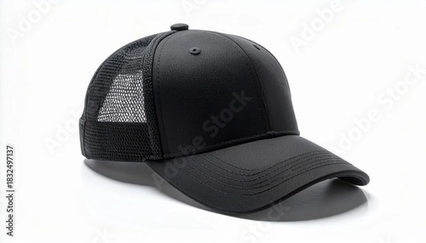 Fototapeta Sleek black trucker hat with breathable mesh, perfect for summer style and customizable branding opportunities, a modern fashion accessory on white