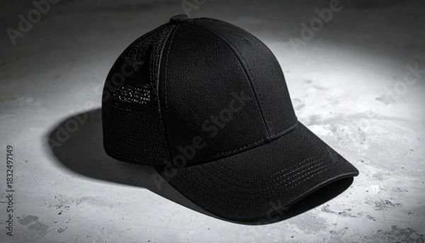 Fototapeta Stylish black baseball cap perfect for branding mockups or casual wear, displayed on a neutral textured surface with subtle lighting for a modern vibe