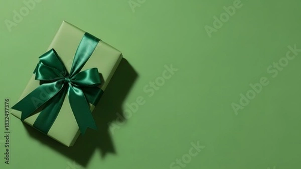 Fototapeta gift box with a satin ribbon bow, presented on a solid green background with soft shadows