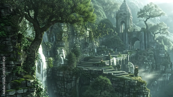 Fototapeta an elven valley sanctuary hidden deep within a lush green gorge,