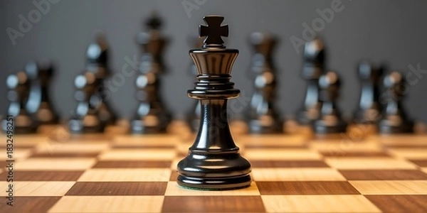 Obraz Black Chess King Piece Centered on a Wooden Chessboard