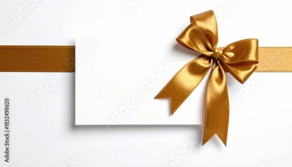 Obraz Elegant golden ribbon bow tied on a white card for gift or greeting.