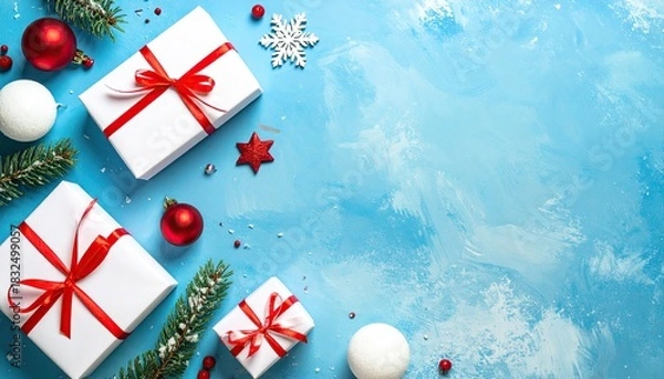 Obraz Festive Christmas Gifts and Ornaments on Textured Blue Background.