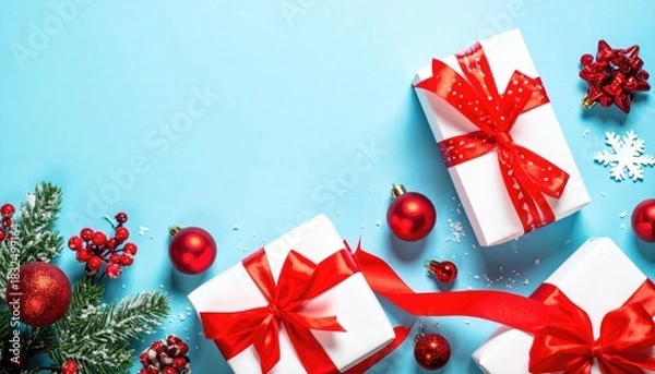 Obraz Festive Christmas gifts and ornaments arranged on a bright blue background for holiday celebration.