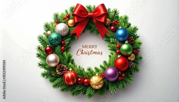 Obraz Elegant Christmas Wreath Decoration with Ornaments and Merry Christmas Message.