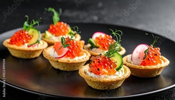 Obraz Elegant appetizer tartlets filled with creamy cheese, vibrant red caviar, fresh dill, cucumber, and radish slices served on a dark plate.