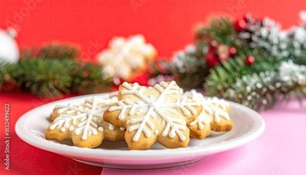 Fototapeta Festive Snowflake Christmas Cookies Decorated with Icing on a Plate.