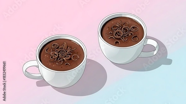 Fototapeta Enjoy two warm cups of rich hot chocolate, elegantly topped with chocolate shavings, set against a soft, gradient background. Ideal for comfort food and sweet cravings.