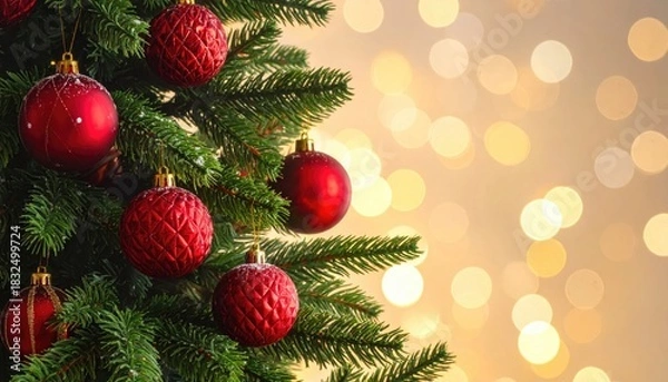 Fototapeta Close-up of a festive Christmas tree adorned with shiny red ornaments and soft bokeh lights in the background.