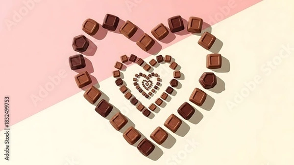 Fototapeta Delicious milk and dark chocolate squares arranged in a captivating heart-shaped spiral on a split pastel pink and cream background, ideal for confectionery and sweet themes.
