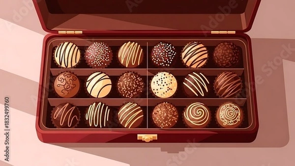 Fototapeta A delightful open box showcasing an assortment of gourmet chocolate truffles with various toppings and designs, perfect for gifting or a sweet treat.