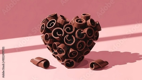Fototapeta A beautiful heart shape made of rich chocolate curls on a soft pink background, perfect for Valentine's Day, love, desserts, or sweet celebrations. Delicious and charming.