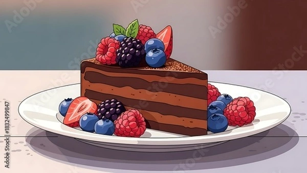 Fototapeta A delightful cartoon illustration of a chocolate cake slice adorned with fresh raspberries, blueberries, blackberries, and strawberries, served on a white plate.