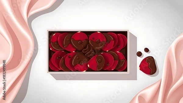 Fototapeta A delightful box of red heart-shaped chocolates, some dipped in rich dark chocolate, elegantly presented on a white background with flowing pink fabric. Perfect for gifts, dessert, or Valentine's Day.