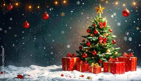 Obraz Festive Christmas tree adorned with ornaments and gifts in a snowy winter scene.