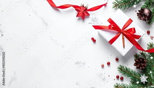 Fototapeta Elegant Christmas gift box with pine branches and festive ornaments on white background.