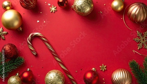 Obraz Festive Christmas ornaments and candy cane arranged on a vibrant red background.