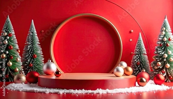 Obraz Elegant Christmas stage with frosted trees ornaments and podium.