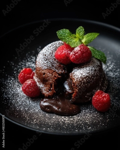 Fototapeta Dark chocolate lava cake with molten center raspberries mint and powdered sugar on black plate for dessert menu luxury branding bakery packaging and gourmet promotion

