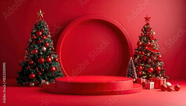 Obraz Festive Red Christmas Scene with Decorated Trees Podium and Gifts.