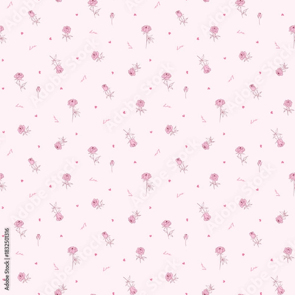 Fototapeta Flower pattern, floral seamless pattern, cottagecore ditsy print, rose flower on pink background. Small hand draw love flower, sweet tone design for fashion, texture, fabric, valentine wallpaper