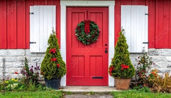 Obraz Festive red front door decorated with a Christmas wreath and two evergreen trees.