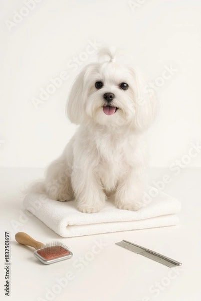 Fototapeta Close up Maltese dog with long white fur sitting on folded towel on smooth white surface with grooming brush and metal comb