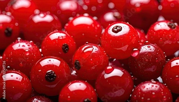 Obraz Macro view of fresh red berries covered in water droplets.
