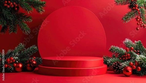 Obraz Festive Red Christmas Podium Display with Pine Branches and Red Berries.