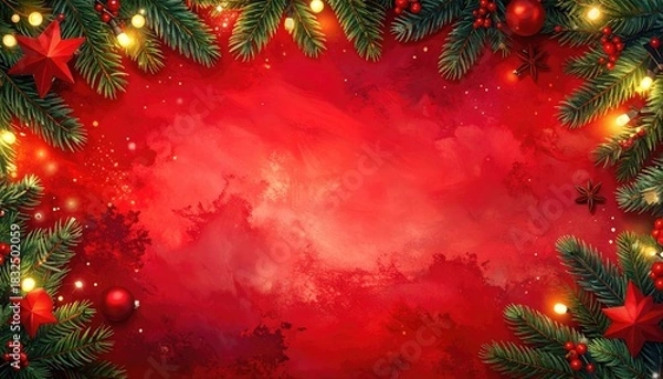 Obraz Festive Christmas border with fir branches red berries and warm glowing lights.