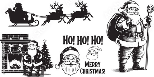 Fototapeta 🎅 Smiling Santa Claus and Reindeer Line Art Coloring Page