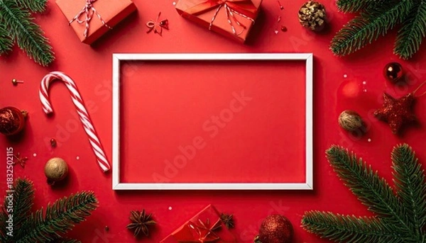 Obraz Festive Christmas Flat Lay with Gift Boxes Candy Cane and Pine Branches.