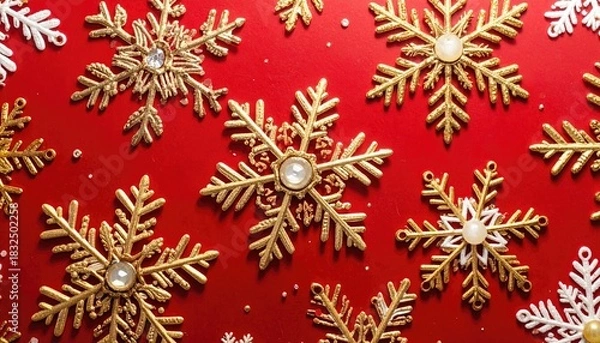 Obraz Golden and white decorative snowflakes scattered on a vibrant red background for winter holidays.