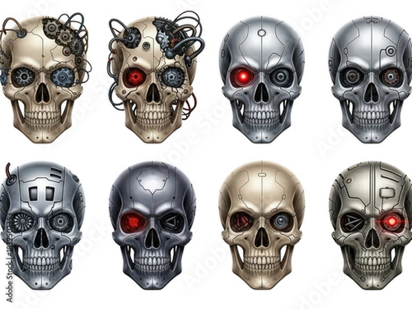 Fototapeta Cybernetic skull variations with mechanical parts and glowing eyes, future concept art isolated on transparent background