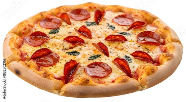 Obraz A pepperoni pizza with basil on a black background