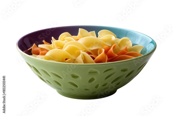 Fototapeta Colorful pasta in a decorative green bowl with purple and blue interior on black food uncooked, Isolated On White Background, Png Transparent