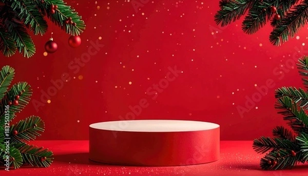 Fototapeta Festive Christmas podium with fir branches and red ornaments on a bokeh background for holiday promotions.
