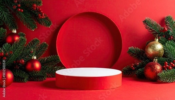 Fototapeta Festive Christmas podium with pine branches and ornaments on red background.